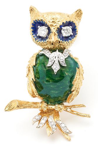 18K Diamond & Enamel Owl Brooch