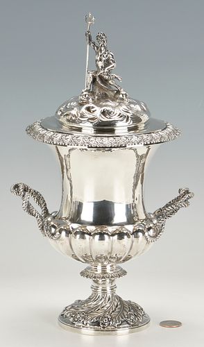 Large English Sterling Urn with Poseidon Finial, J. Angell