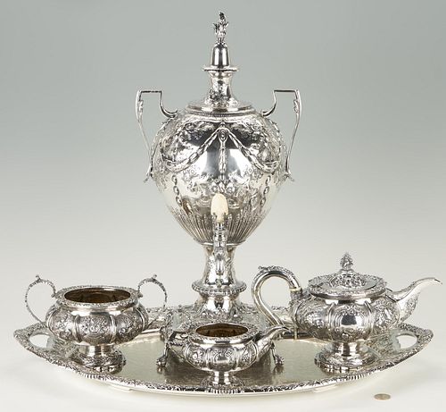 English Sterling 3 pc Tea Set w/ Silverplated Urn & Tray, 5 pcs.