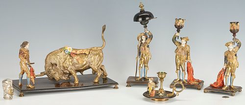 6 Columbian Exposition Cold Painted Bronze Matador Items, Bergmann & Columbus Matchbox