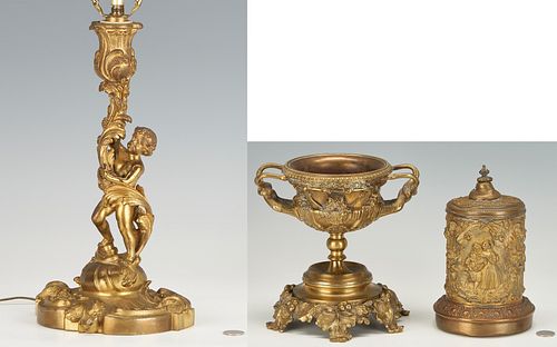 3 Gilt Decorative Items, incl. Grand Tour Warwick Style Vase, Tobacco Box, & Figural Lamp