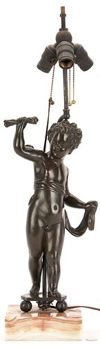 Bronze Putti Figural Lamp, Agate Base