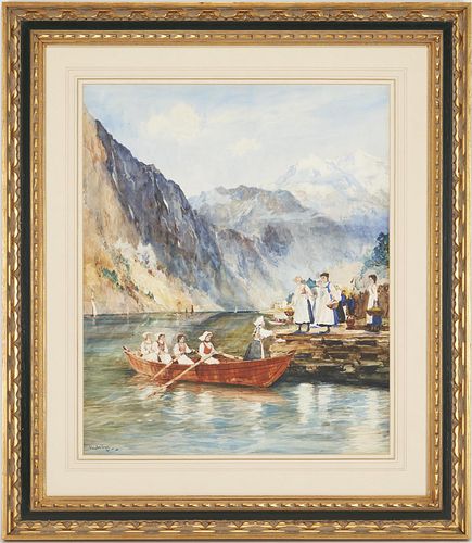 Charles Dixon W/C Painting, Women in Rowboat along Riverbank