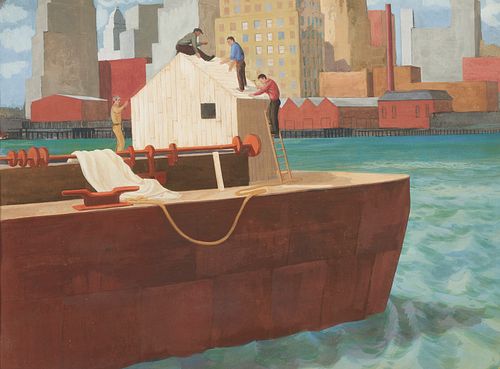 Charles Griffin Farr, WPA Harbor Scene Oil Painting