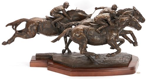 Lorenzo Ghiglieri Bronze Horse Racing Sculpture, Photo Finish