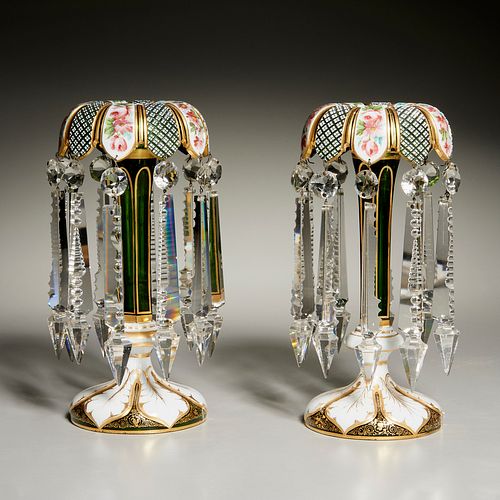 Pair Bohemian cased & enameled glass lusters
