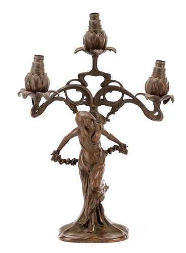 Art Nouveau Patinated Bronze Candelabra Lamp