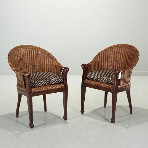 Pair Anglo-Indian style wicker, hardwood chairs