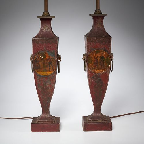 Pair antique French tole peinte table lamps