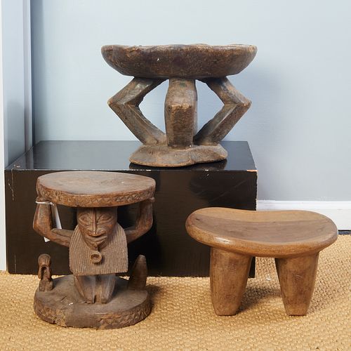 (3) African carved wood stools