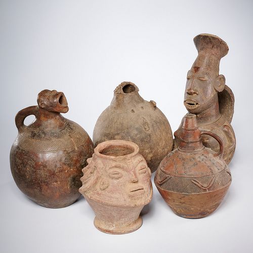 Group of (5) African tribal pottery vessels