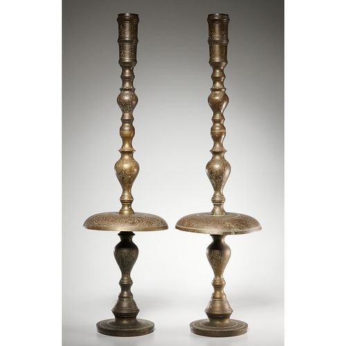 Pair Islamic style brass floor-height candlesticks