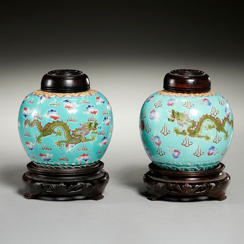 Pair Chinese Dayazhai turquoise ground jars