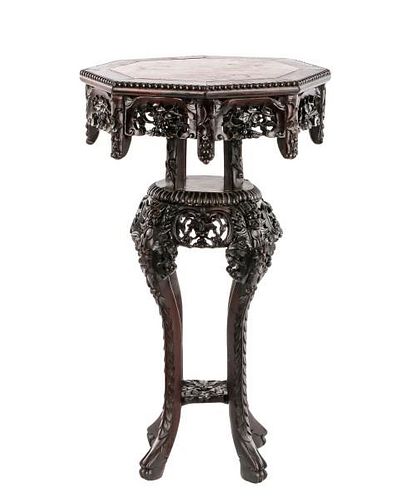Chinese Marble Inset Carved Pedestal Table