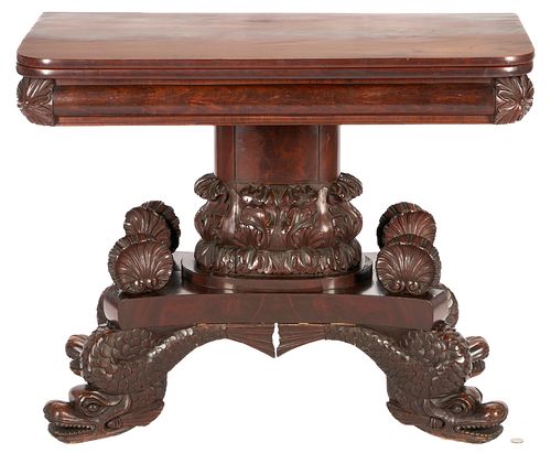 American Classical Carved Mahogany Card Table, Attrib. Quervelle
