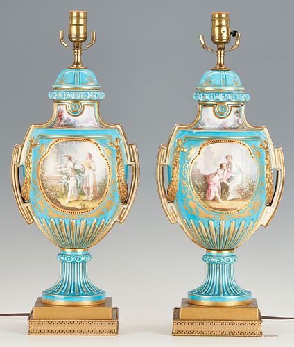 Pair Sevres Style Porcelain Urns, Mounted as Lamps