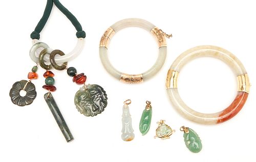Grouping of Ladies Jade Jewelry, incl. 14K Hinged Bangle Bracelets, 7 pcs.