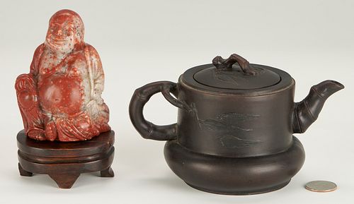 Chinese Hardstone Buddha & Yixing Pottery Teapot, 2 items