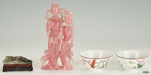 4 Chinese Items, Jade Dish, Rose Quartz Figure, Rice Bowls