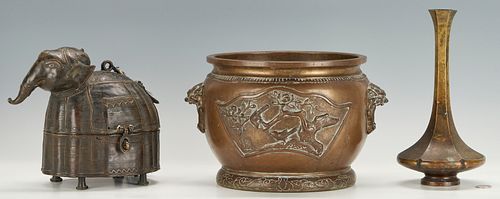 Three (3) Asian Bronze Items, incl. Meiji Jardiniere, Elephant Box & Vase