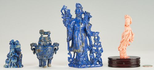 4 Chinese Carved Items, Lapis and Coral