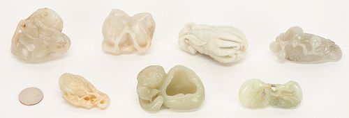 7 Carved Jade Figurals, incl. Fruit & Birds