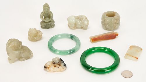 10 Jade Figurals & Carvings: incl. Bangles, Archer's Ring