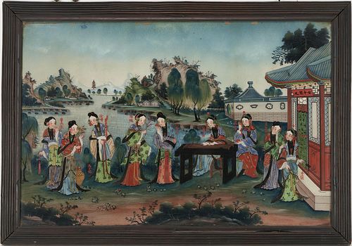 Chinese Reverse Glass Figural Landscape Painting