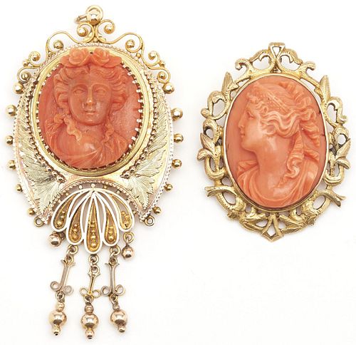 Two (2) 14K Carved Coral Cameo Brooches