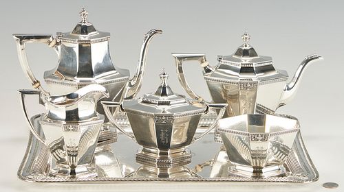 Gorham Sterling Lansdowne Tea Set w/ Silver-plated Tray, 6 Pcs.