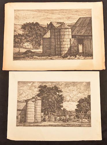 Two Luigi Lucioni Etchings and Drypoint of Barns.
