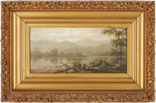 Hudson River School O/B, Panoramic Painting of a Lake, H. D. Little