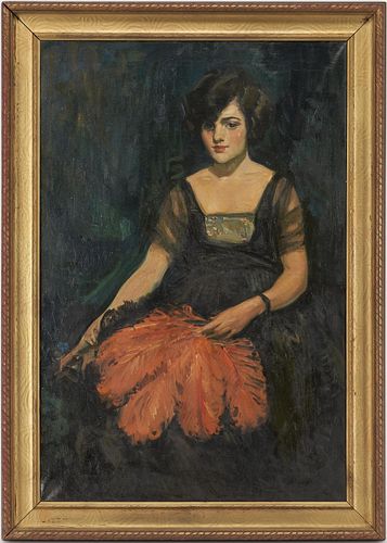 American School O/C Portrait Painting, Lady Holding a Fan