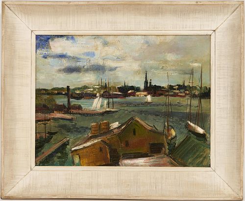 Rudolf Jacobi Oil on Canvas Painting, Harbor Scene