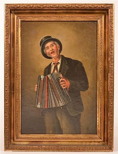 Oil on Canvas Painting  Man Playing Accordion.