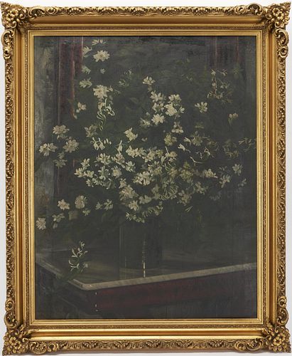 19th c. Still Life, White Flowers on a Marble Topped Table