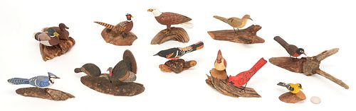 Ten (10) Ron Holmes, VA Carved & Painted Folk Art Birds