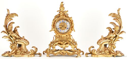 Pair Louis XV Style Bronze Chenets & French Rococo Style Bronze Clock