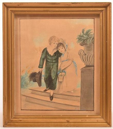 19th Century Watercolor Drawing of a Boy and Girl.