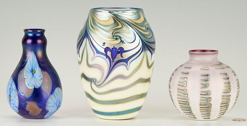 Three (3) Charles Lotton Iridescent Art Glass Vases