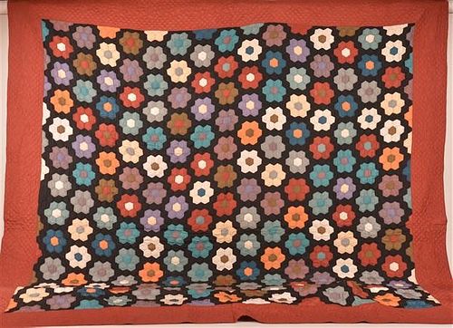 Vintage Amish Rayon Floral Pattern Quilt.