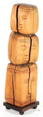 Large Tall Olen Bryant Wood Sculpture, 3 Heads