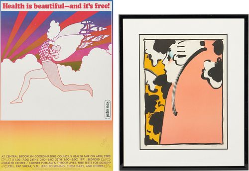 Signed Peter Max Lithograph Peach Lady & Signed Poster