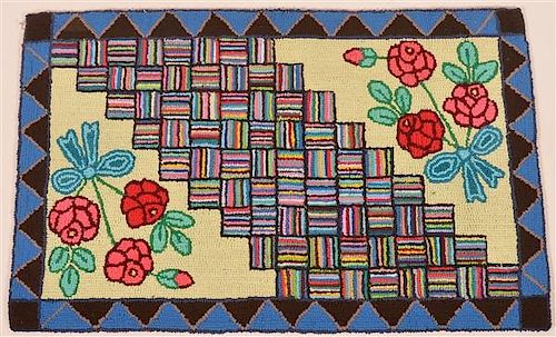 Amish Floral and Geometric Pattern Hooked Rug.