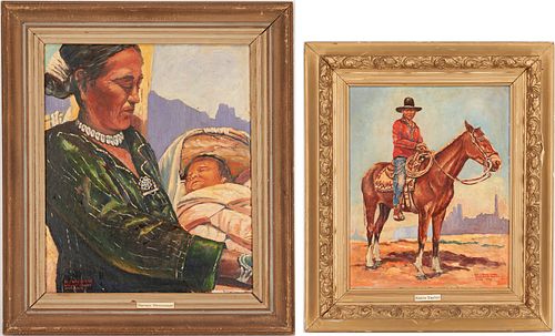 2 Ed Dollriehs O/B Native American Paintings, Navajo Newcomer & Cow Poke