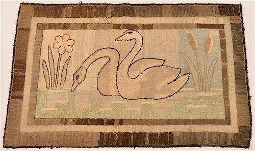Antique Swan Pattern Hooked Rug.