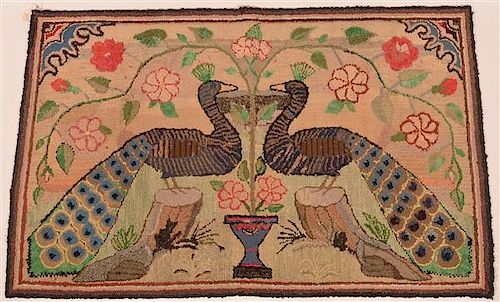 Antique Double Peacock at Urn Hooked Rug.