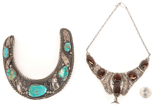 Two (2) Native American Silver & Stone Choker Necklaces