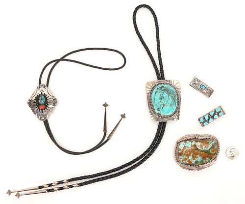 Five (5) Native American Jewelry Items Inc. Navajo, 2 Bolos, Tie Pins