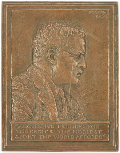 James Earl Fraser Bronze Bas Relief Plaque, T. Roosevelt, Dec. Arts Label